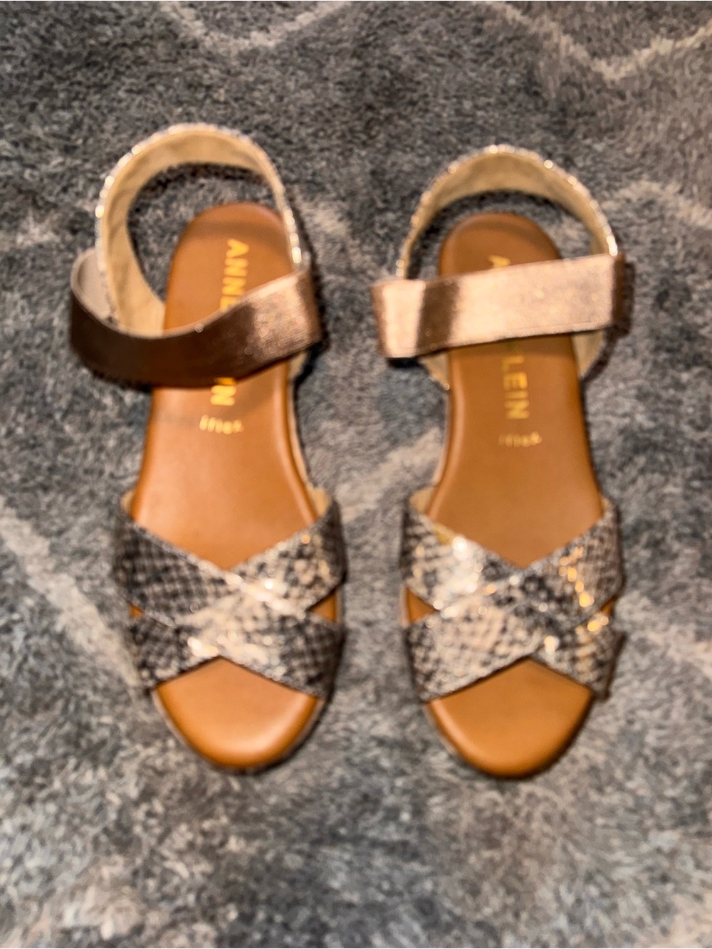 Anne Klein Snake Print Strappy Sandals in Brown & Metallic